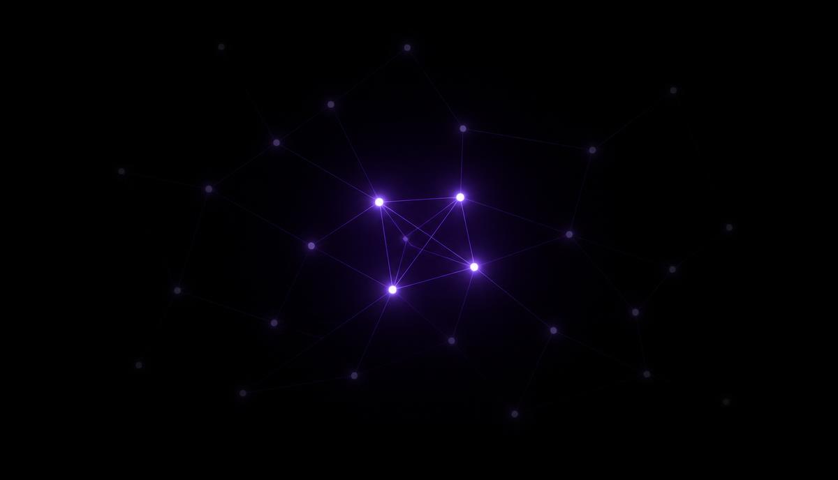 Dark constellation of connected nodes with five bright purple nodes at the center and the rest fading outward
