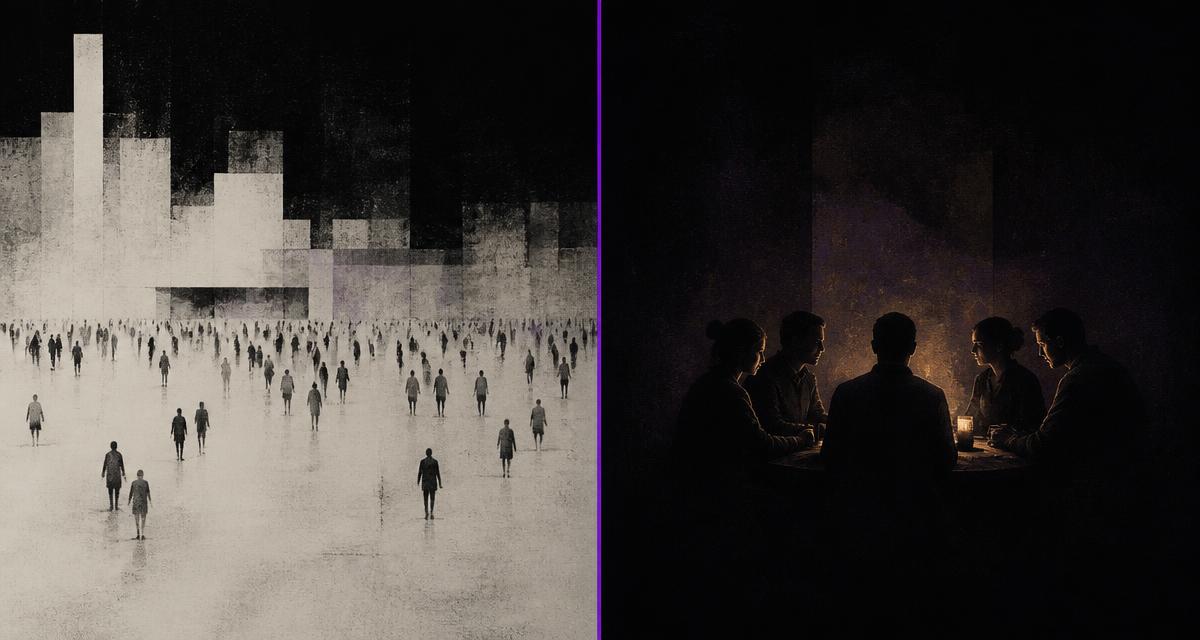 Split image with a bright open city crowd on the left and a small warm circle of people around a table on the right, divided by a thin purple line