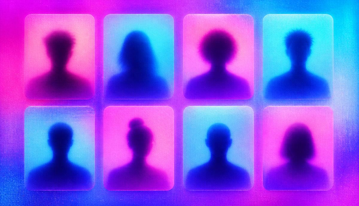 Bright magenta, cyan and purple gradient with eight blurred silhouette profile cards arranged in a two by four grid